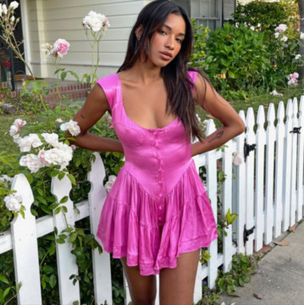 NWT | Vanessa Mooney The Elisabeth Romper Dress Hot Pink Satin XS